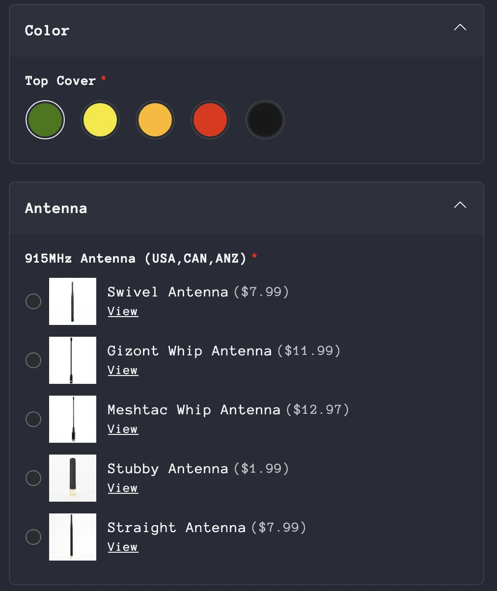The Color and Antenna steps in the Atlavox M1 builder: five top cover colors, and five 915 MHz antennas from $1.99 to $12.97