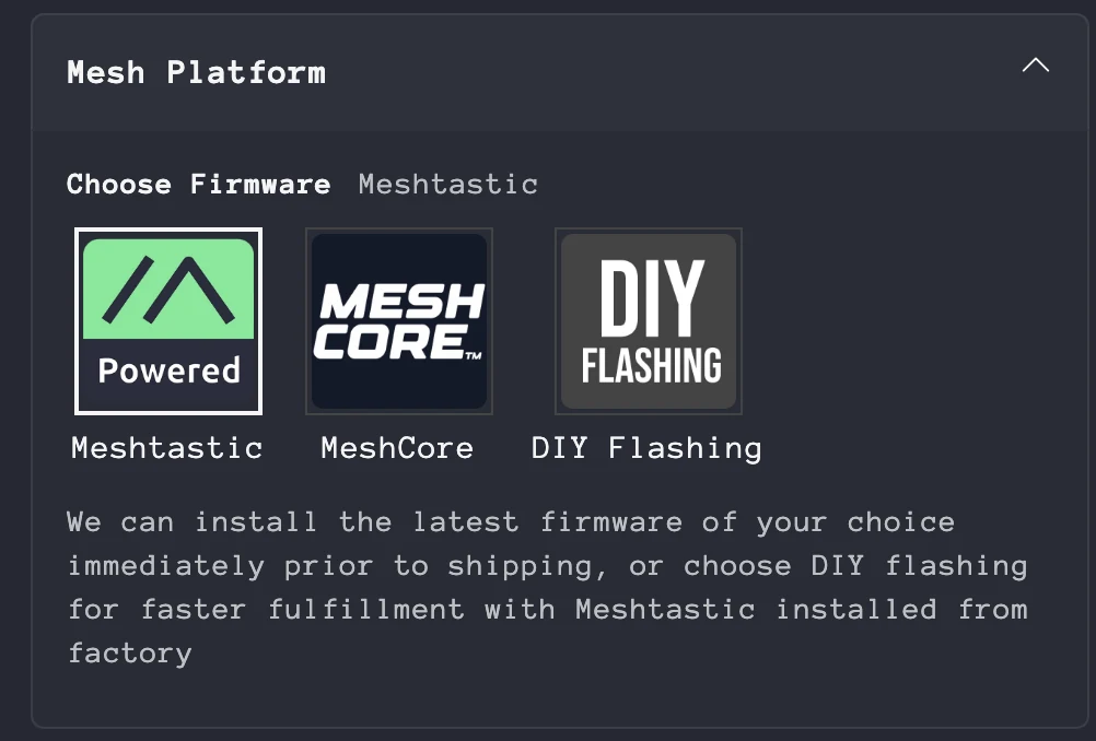 The Mesh Platform step in the Atlavox M1 builder with Meshtastic, MeshCore and DIY Flashing options