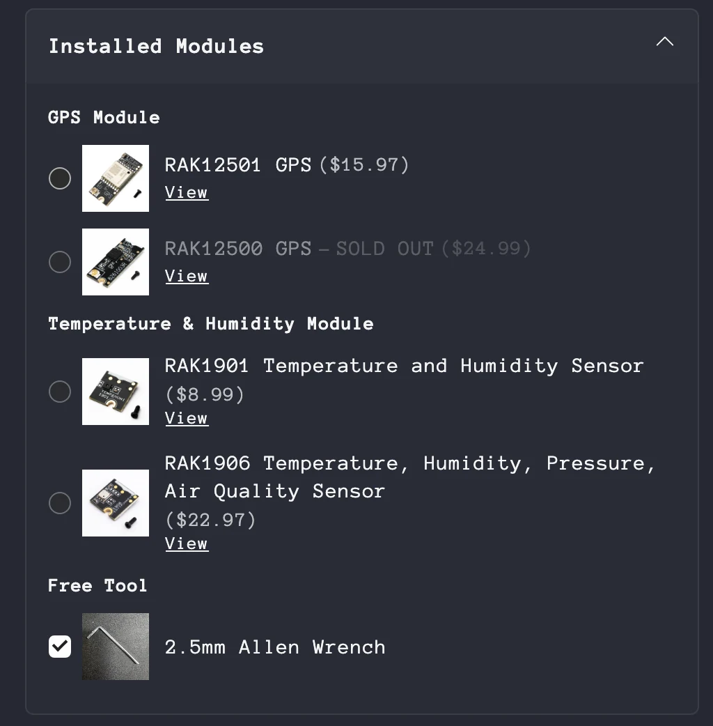 The Installed Modules step in the Atlavox M1 builder: RAK12501 GPS at $15.97, RAK12500 GPS sold out at $24.99, RAK1901 and RAK1906 sensors, and a free 2.5 mm Allen wrench