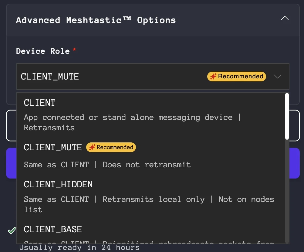 The Advanced Meshtastic Options step in the Atlavox M1 builder showing device roles, with CLIENT_MUTE marked recommended