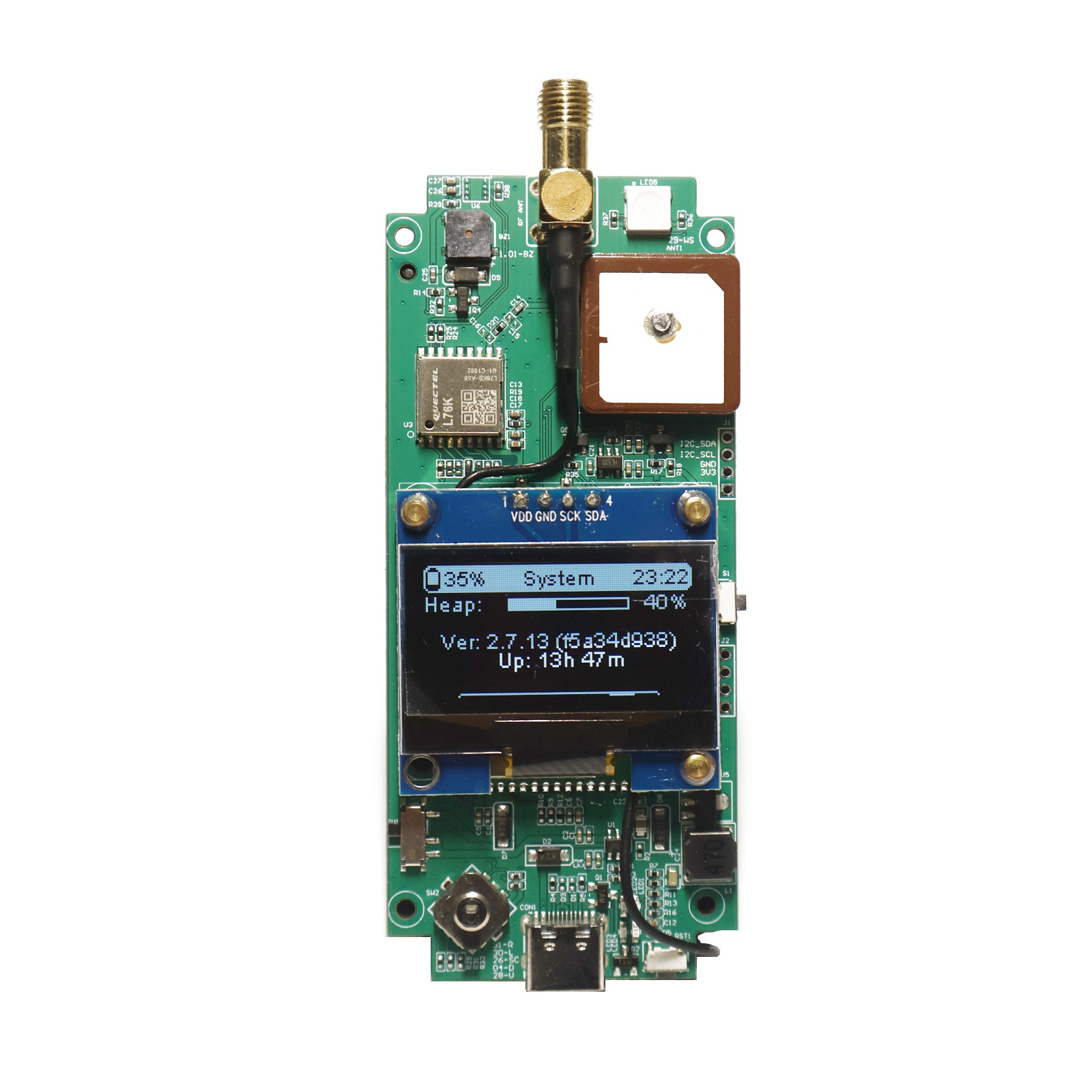 GAT562 30s Kit board showing the SMA antenna connector, Quectel L76K GPS module, GPS patch antenna, buzzer, joystick, and display