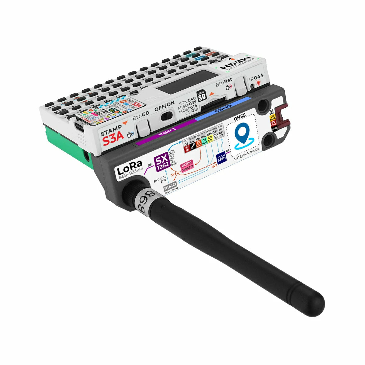 Labeled view of the Cap LoRa-1262 module showing the SX1262 LoRa transceiver, ATGM336H GNSS receiver, internal GNSS antenna, and the rubber duck antenna installed on the RP-SMA connector