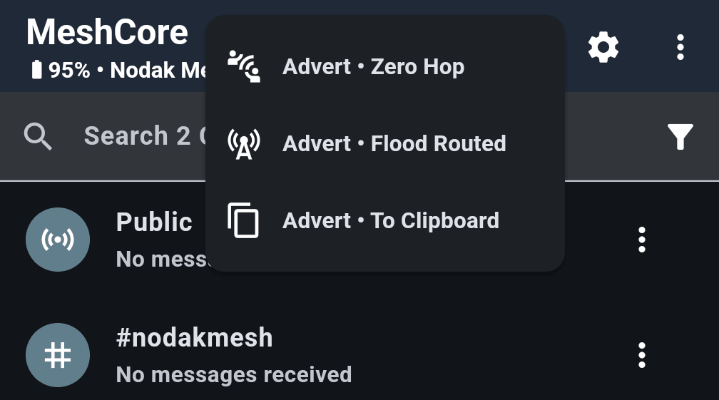 MeshCore app advert menu with three options: Advert Zero Hop, Advert Flood Routed and Advert To Clipboard