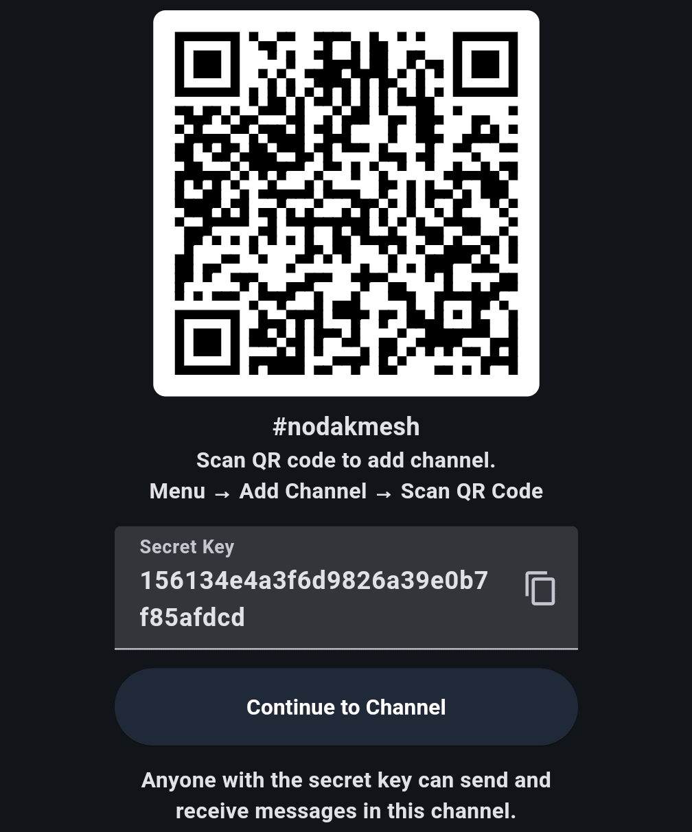 MeshCore app Share Channel screen for #nodakmesh with a QR code, the channel secret key and a note that anyone with the secret key can send and receive messages in this channel