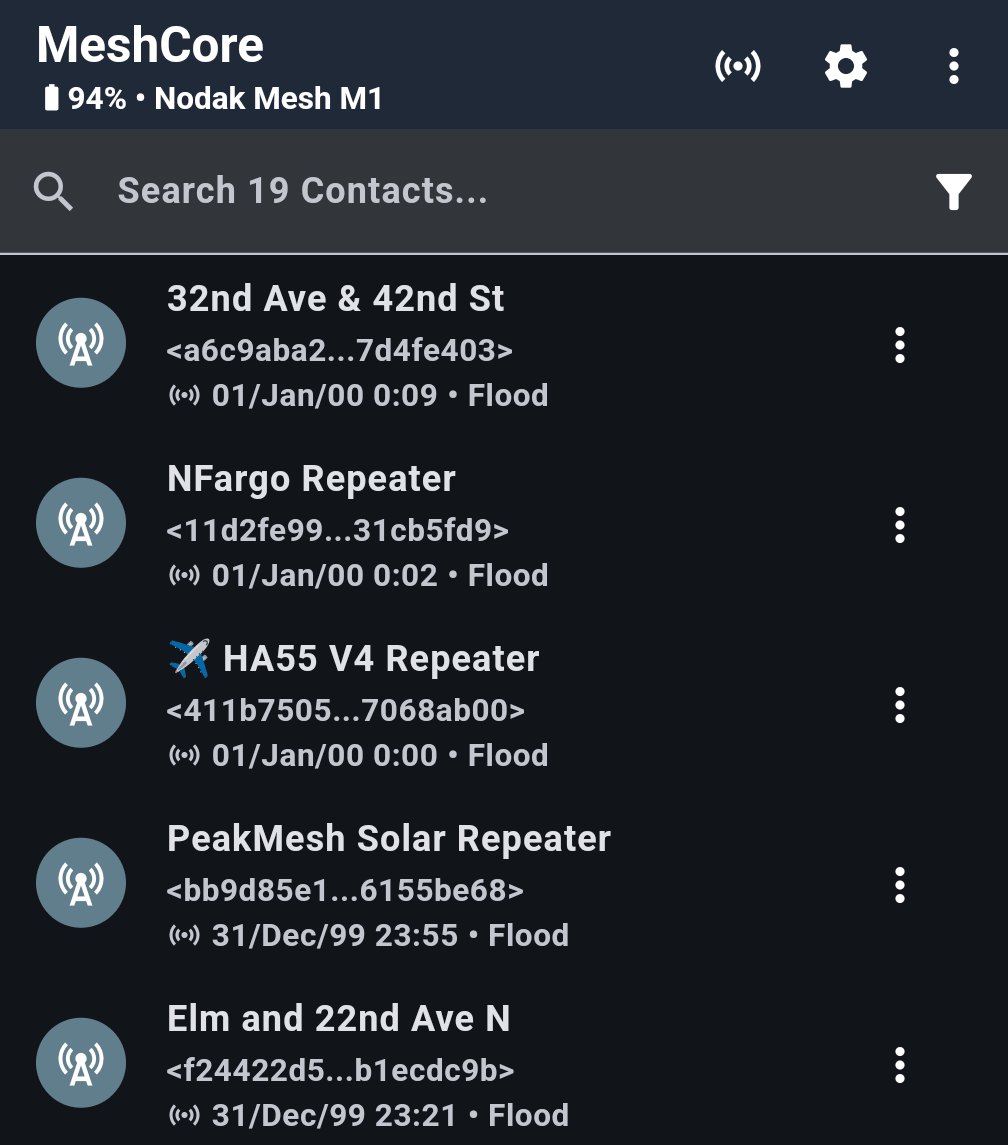 MeshCore app Contacts tab listing nineteen contacts, mostly repeaters named after street intersections, each with its public key and the time of its last advert