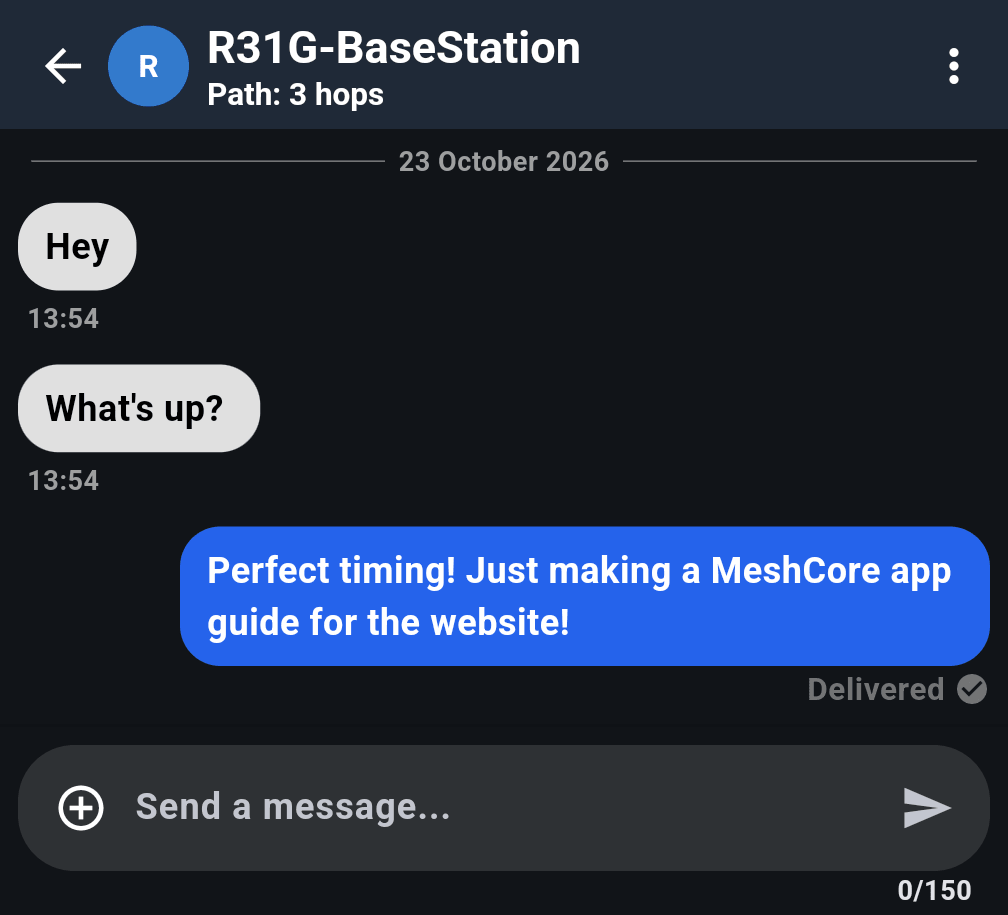 MeshCore app direct message thread with a contact three hops away, showing a sent message marked Delivered and a message box with a 0 of 150 character counter