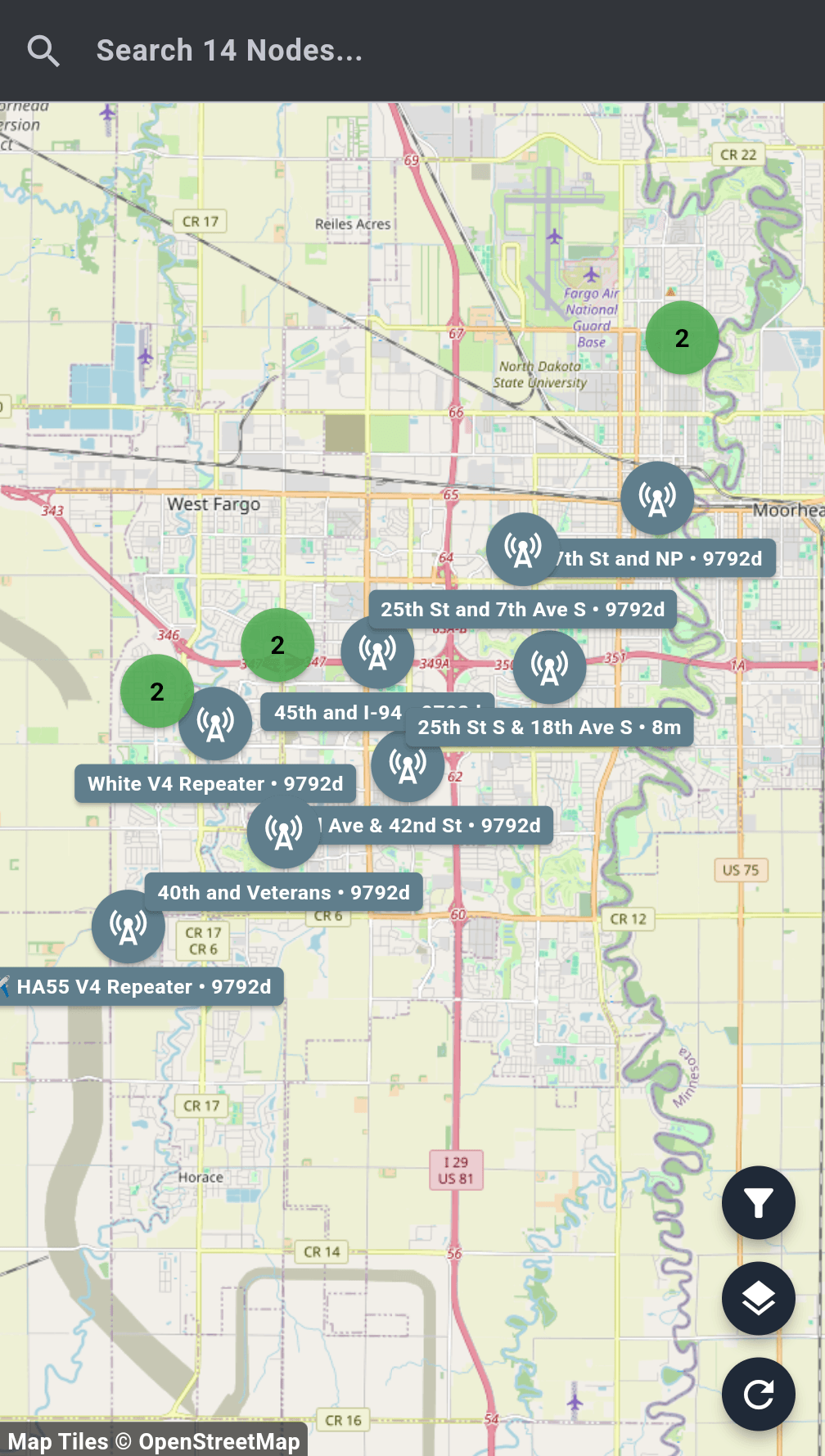 MeshCore app Map tab showing repeaters across Fargo and West Fargo, each labeled with its name and how long ago its last advert was heard
