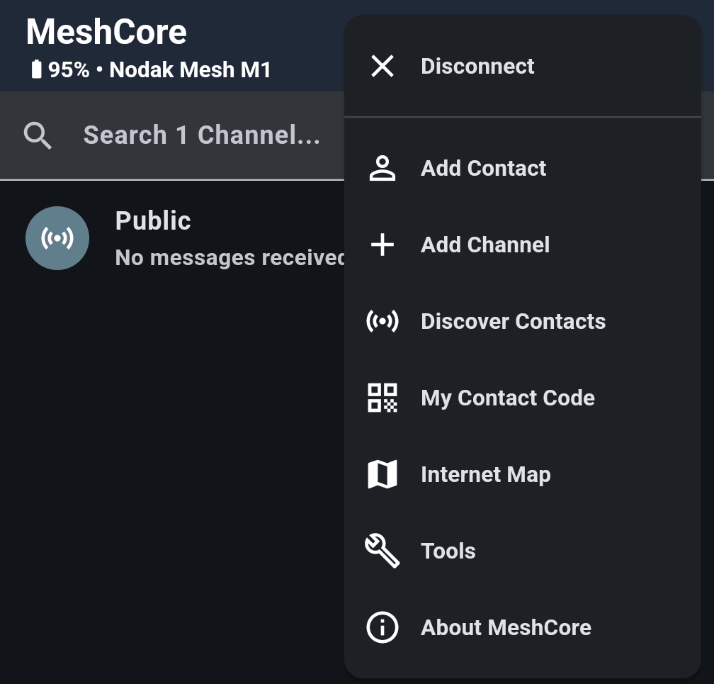 MeshCore app menu with Disconnect, Add Contact, Add Channel, Discover Contacts, My Contact Code, Internet Map, Tools and About MeshCore