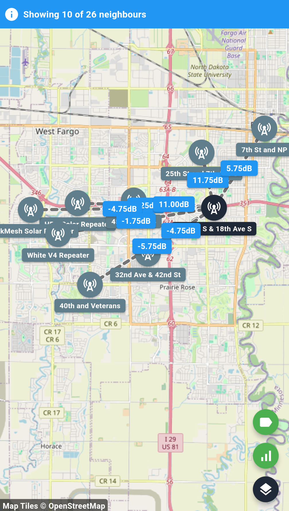 MeshCore app Neighbours map for a repeater in Fargo, with dashed lines to nearby repeaters each labeled with the link signal-to-noise ratio in dB