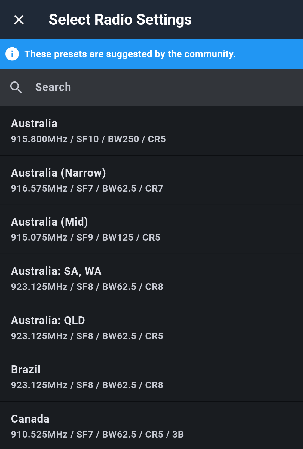 MeshCore app Select Radio Settings list, marked as presets suggested by the community, showing Australia, Brazil and Canada presets with their frequency, spreading factor, bandwidth and coding rate
