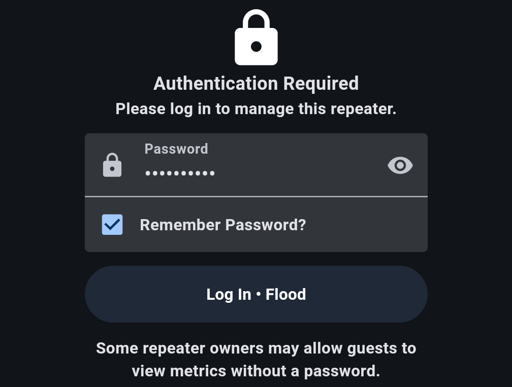 MeshCore app Repeater Login screen asking for a password, with a Remember Password option, a Log In Flood button and a note that some repeater owners allow guests to view metrics without a password