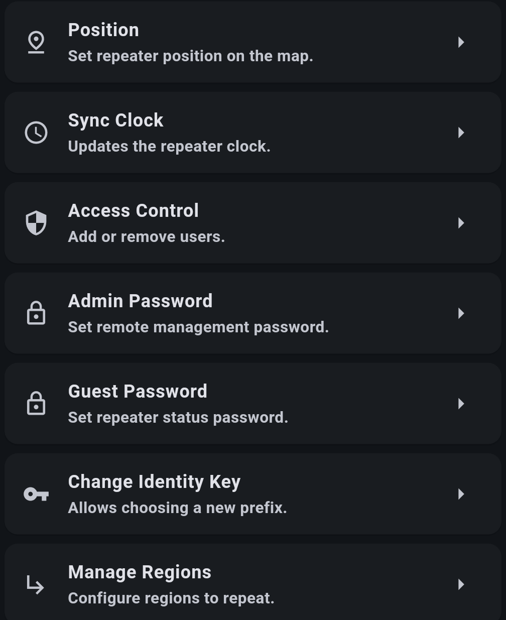 MeshCore app Repeater Admin settings list with Position, Sync Clock, Access Control, Admin Password, Guest Password, Change Identity Key and Manage Regions