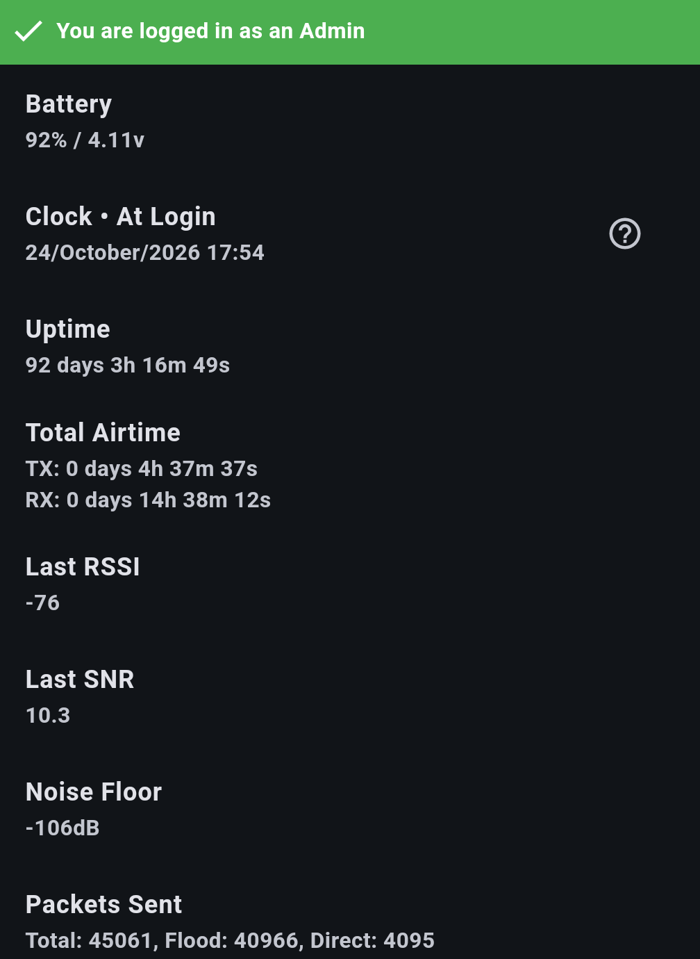 MeshCore app Repeater Admin Status tab showing battery at 92 percent, the repeater clock, 92 days of uptime, total transmit and receive airtime, last RSSI and SNR, a noise floor of minus 106 dB and packet counts