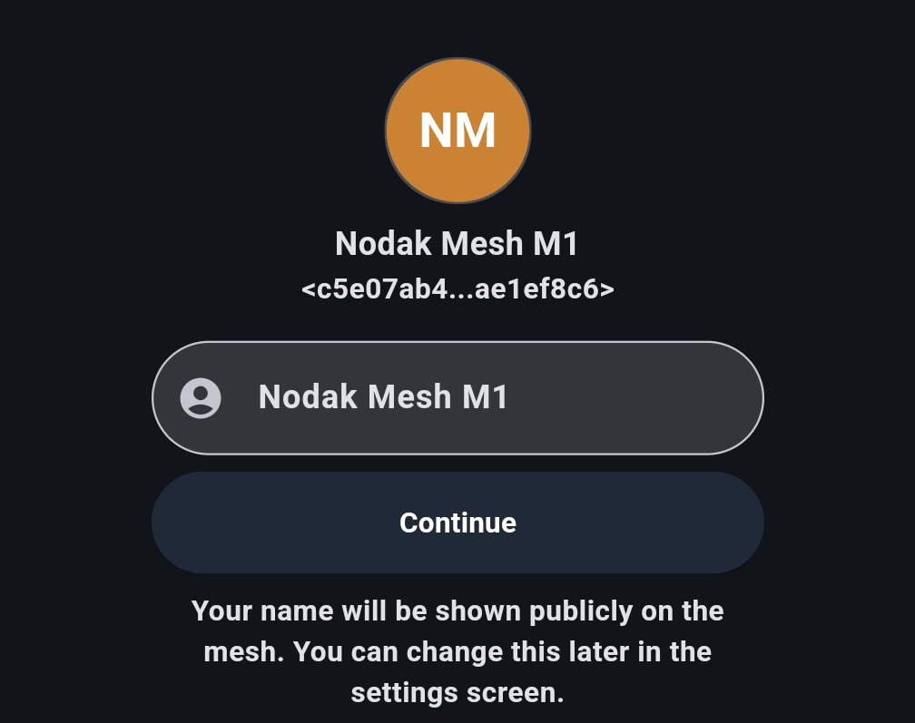 MeshCore app Set Name screen showing the node name Nodak Mesh M1 and the note that your name will be shown publicly on the mesh