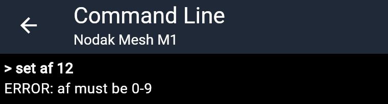 MeshCore app Command Line showing set af 12 rejected with ERROR: af must be 0-9.