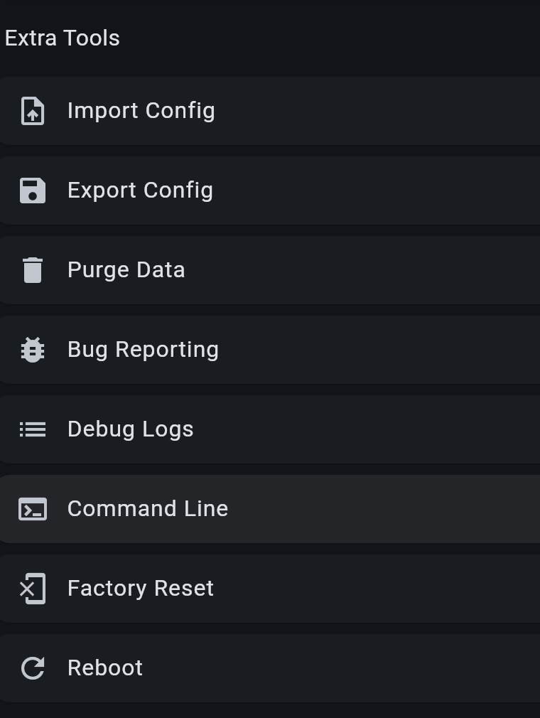 MeshCore app Settings screen, Extra Tools section, listing Import Config, Export Config, Purge Data, Bug Reporting, Debug Logs, Command Line, Factory Reset and Reboot.
