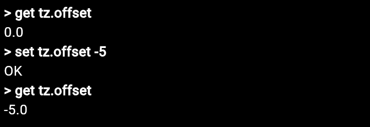 MeshCore app Command Line showing get tz.offset returning 0.0, set tz.offset -5 returning OK, and get tz.offset returning -5.0.