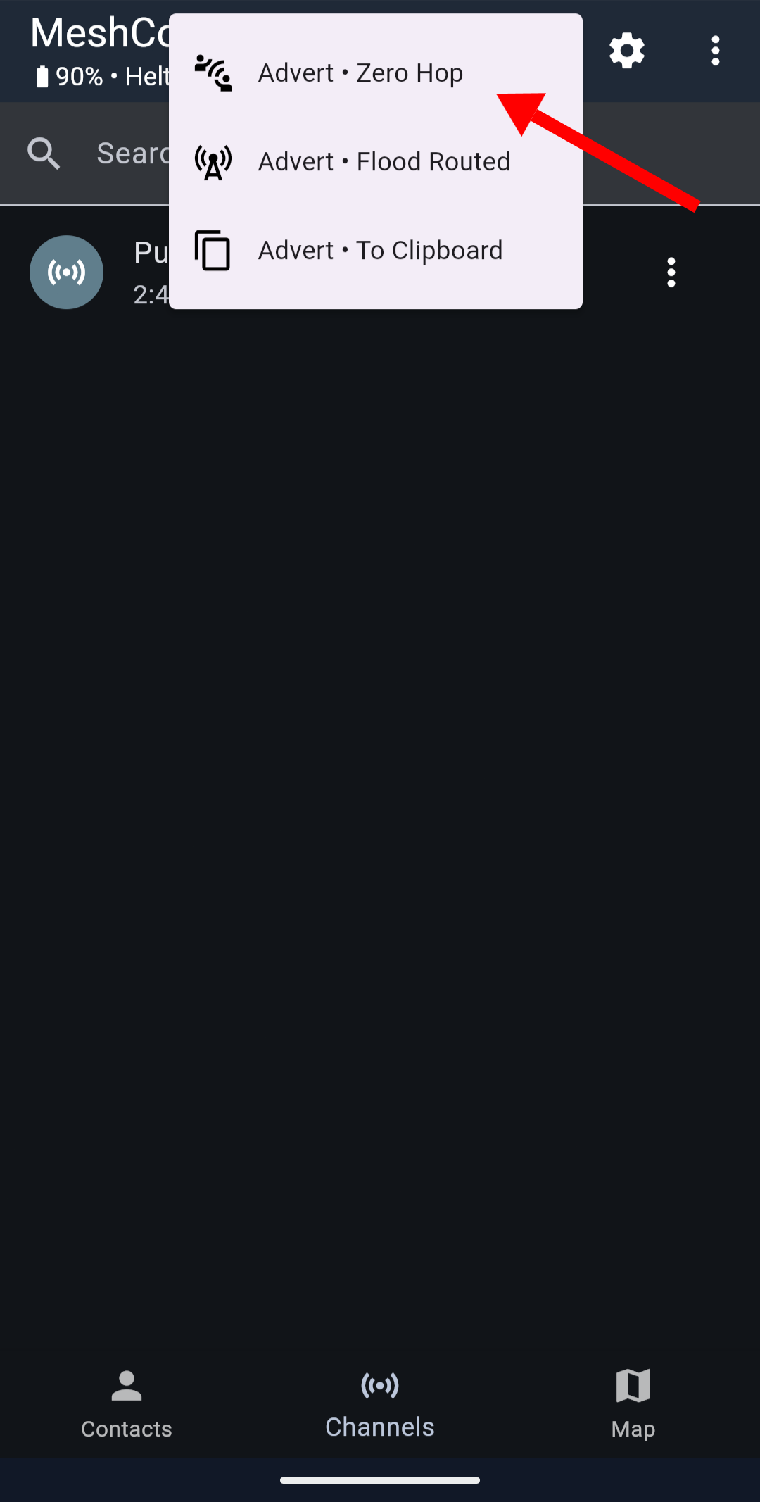 MeshCore advertise options menu