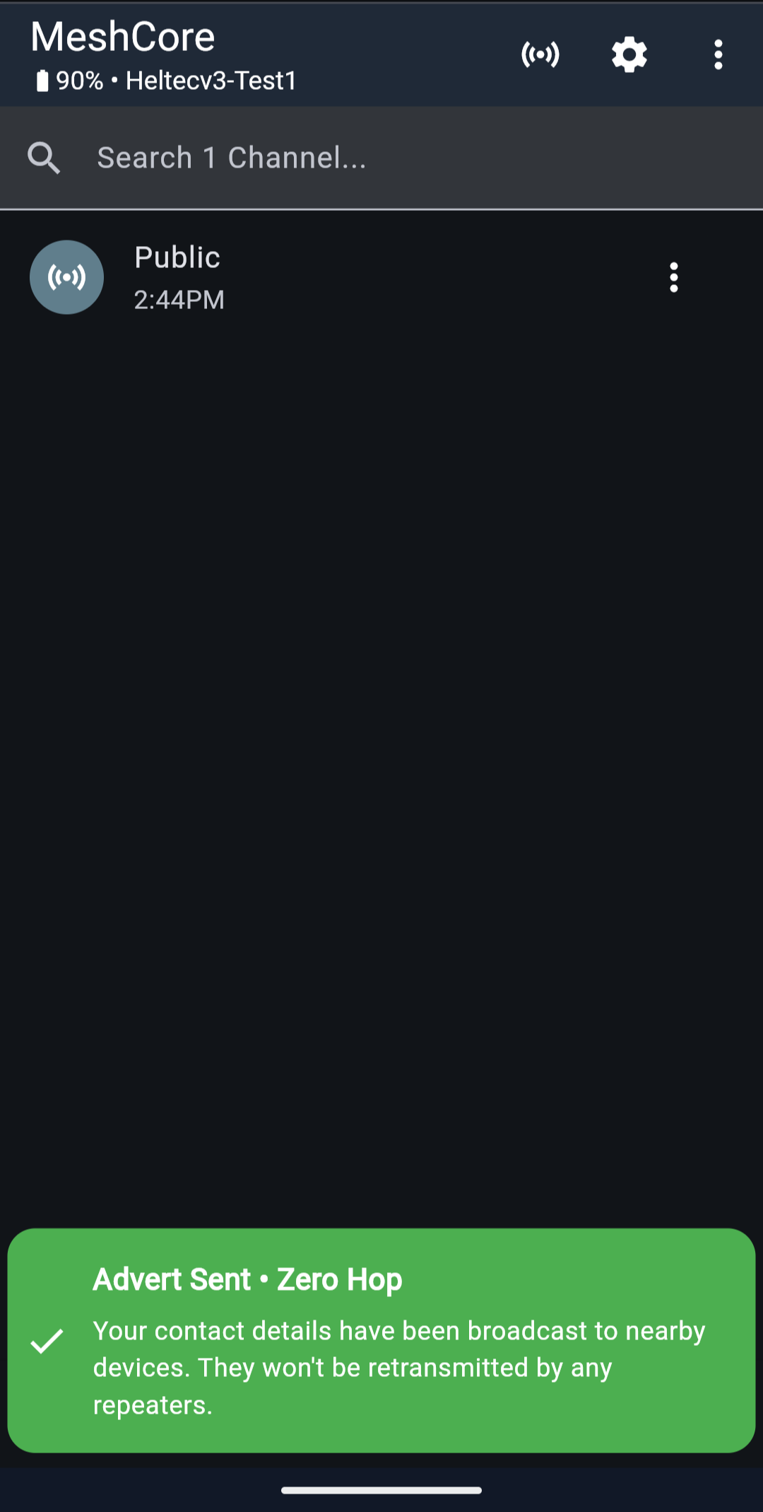 MeshCore advert sent confirmation