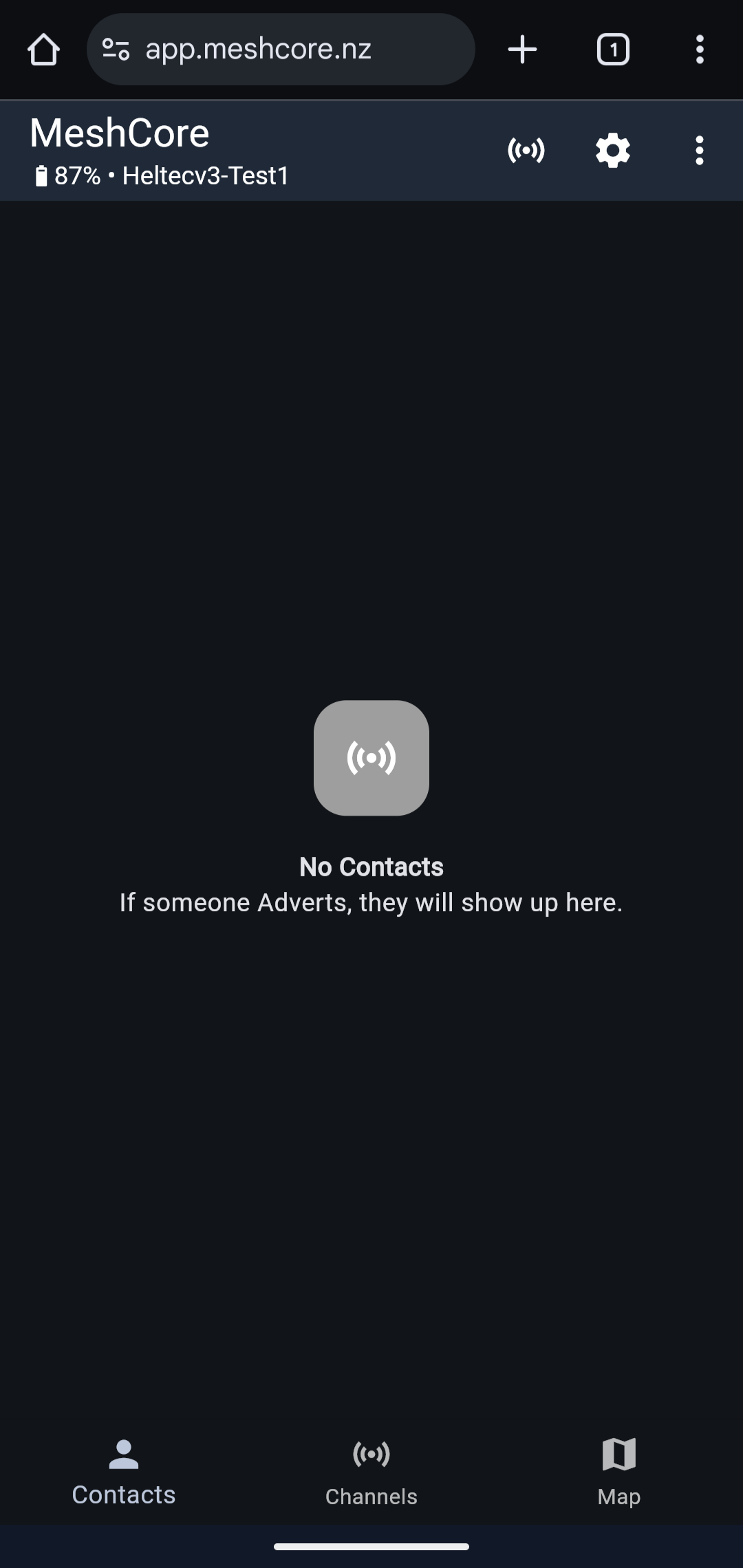 MeshCore app showing empty contact list