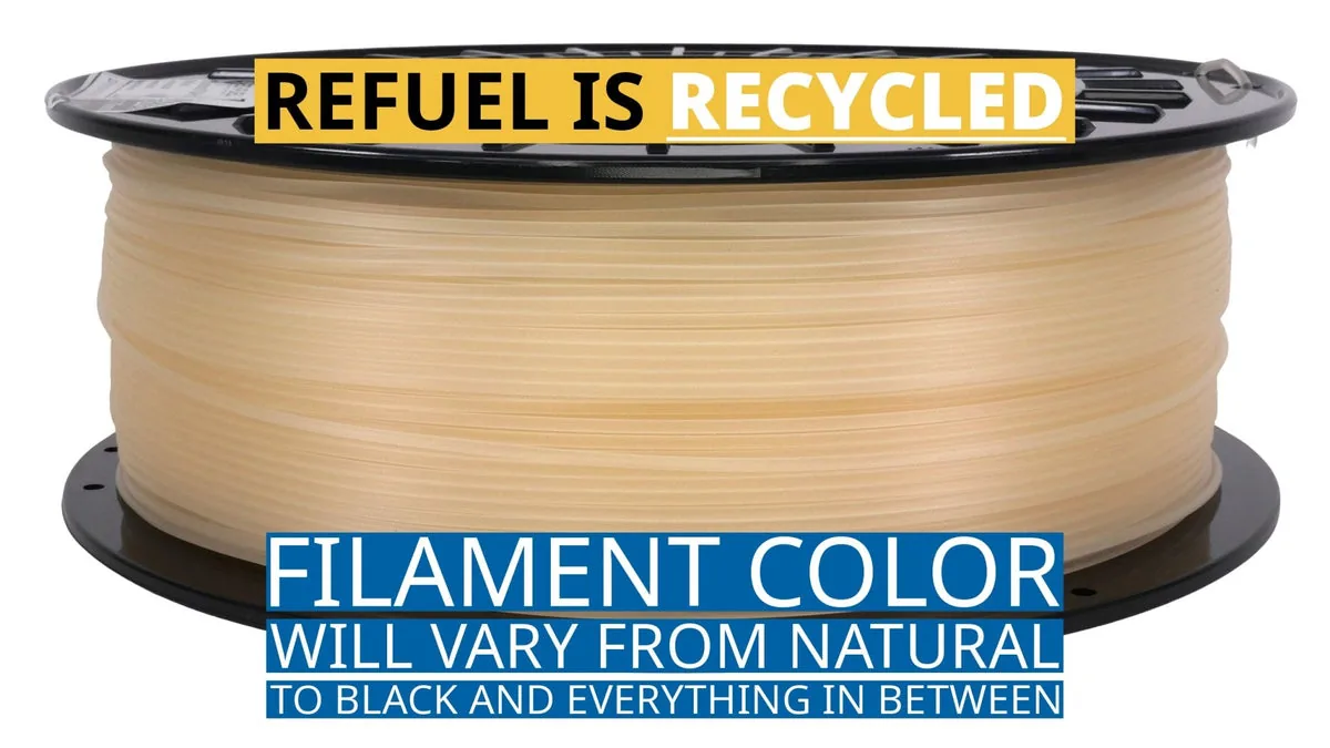 A spool of 3D-Fuel ReFuel recycled filament, labeled to show the color varies from natural to black