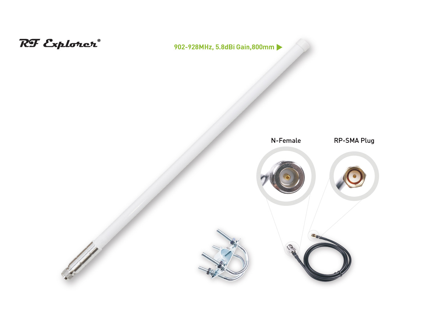 Seeed RF Explorer 902-928 MHz 5.8 dBi 800 mm fiberglass antenna with U-bolt mount and N-female to RP-SMA pigtail