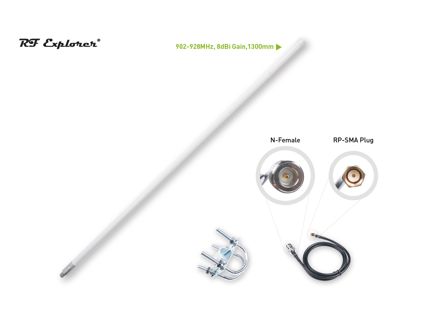 Seeed RF Explorer 902-928 MHz 8 dBi 1300 mm fiberglass antenna with U-bolt mount and N-female to RP-SMA pigtail