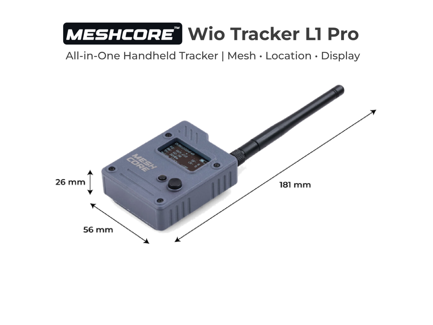 Wio Tracker L1 Pro handheld with 3 dBi pre-attached whip, 1.3-inch OLED display, joystick controls, MeshCore branding