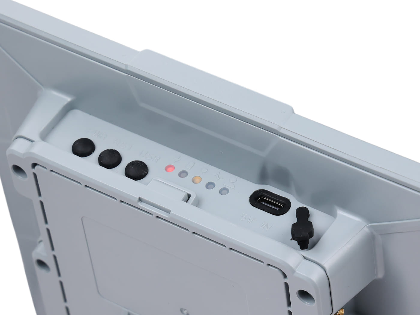 Close-up of the SenseCAP Solar Node P1-Pro button and LED panel with USB-C port