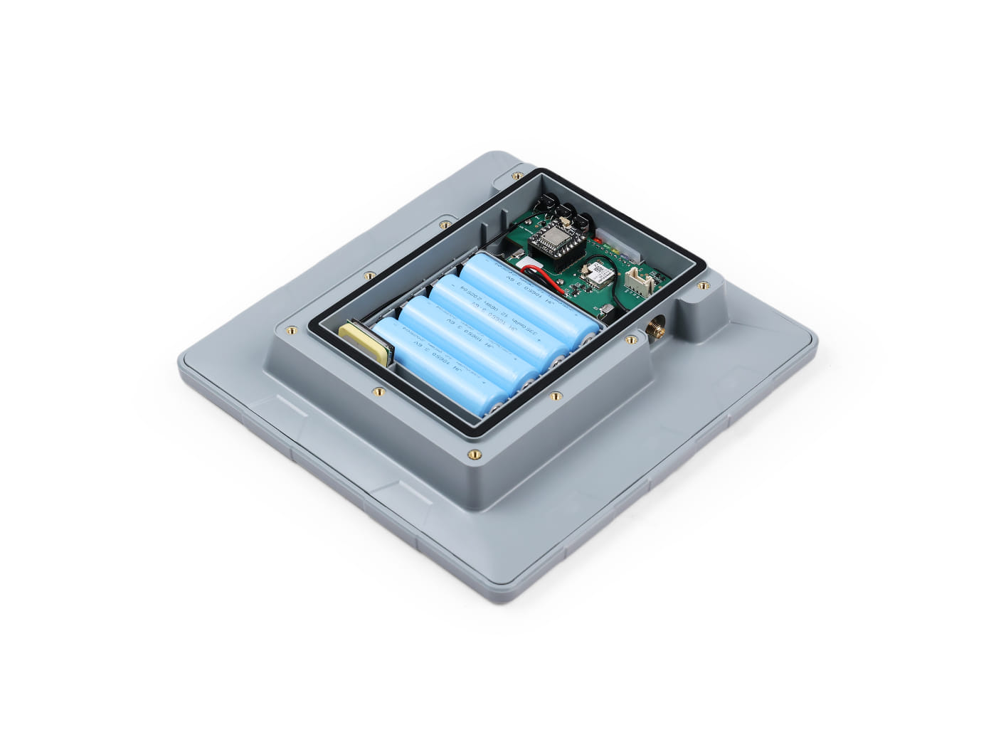 Open SenseCAP Solar Node P1-Pro enclosure showing four 18650 batteries and the XIAO nRF52840 control board