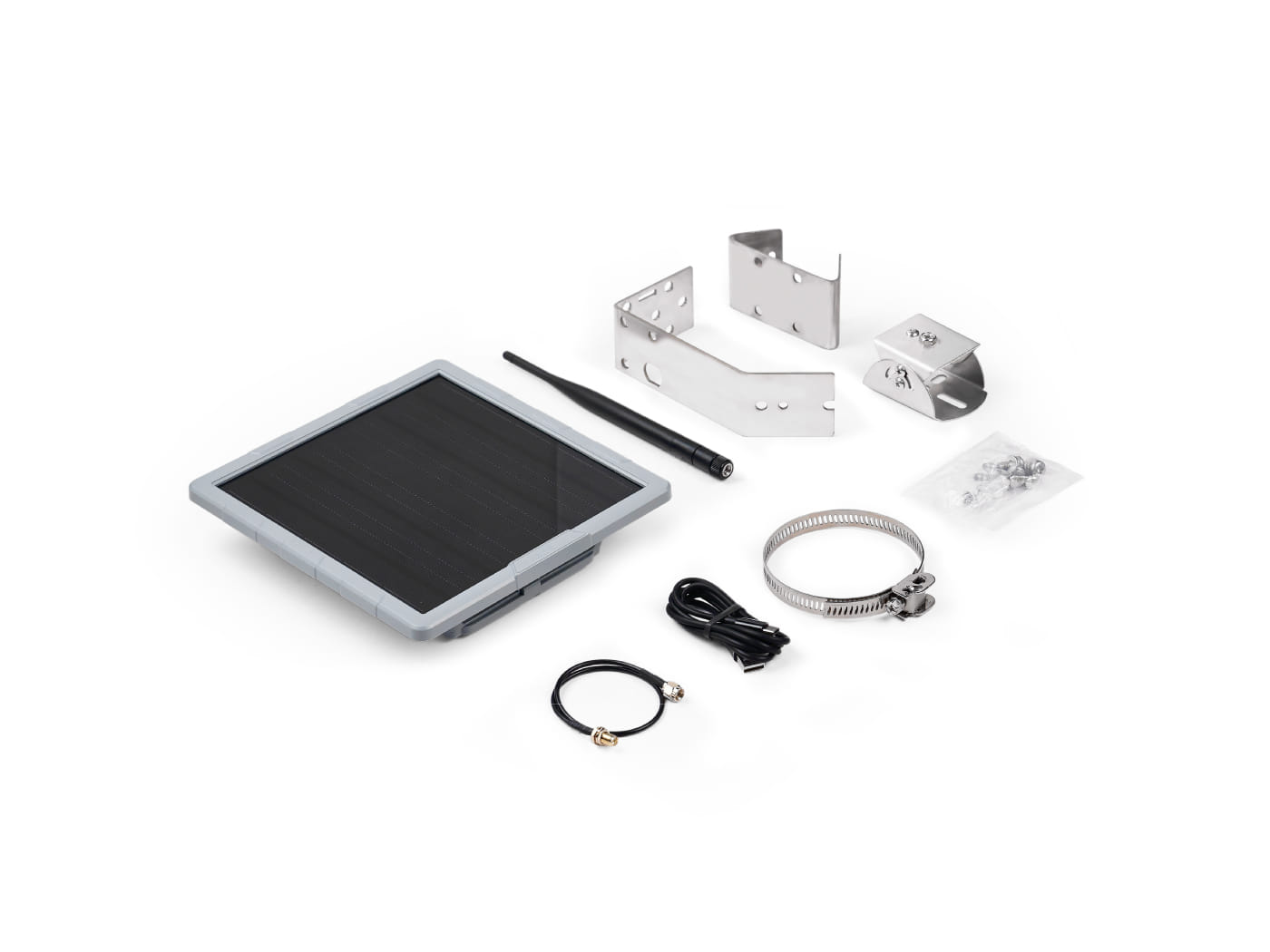 SenseCAP Solar Node P1-Pro unboxed accessories: mounting brackets, hose clamp, whip antenna, and cables