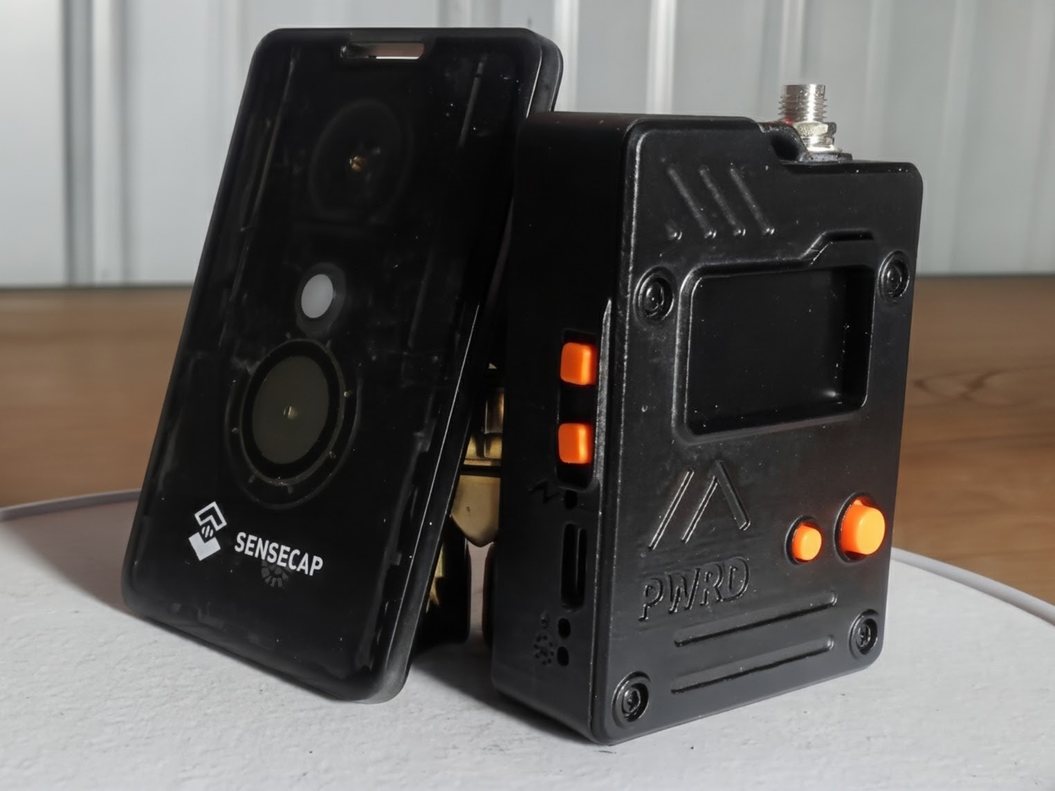The Seeed SenseCAP T1000-E credit-card tracker leaning against the Seeed Wio Tracker L1 Pro handheld, showing the form-factor contrast between the two
