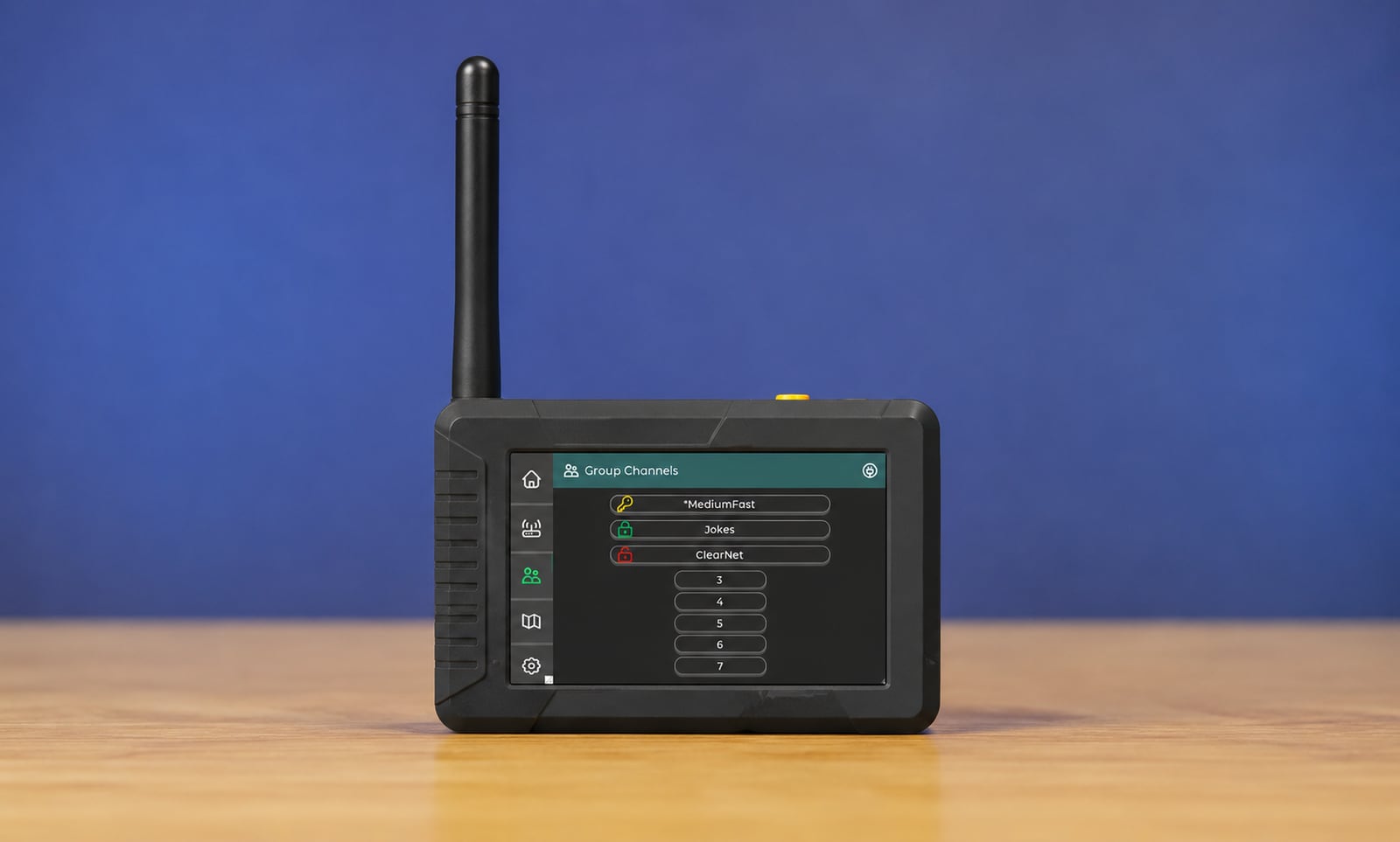 Seeed Wio Tracker L2 Pro standing upright with its antenna raised, the touchscreen showing Meshtastic's group channels screen. Image: Seeed Studio.