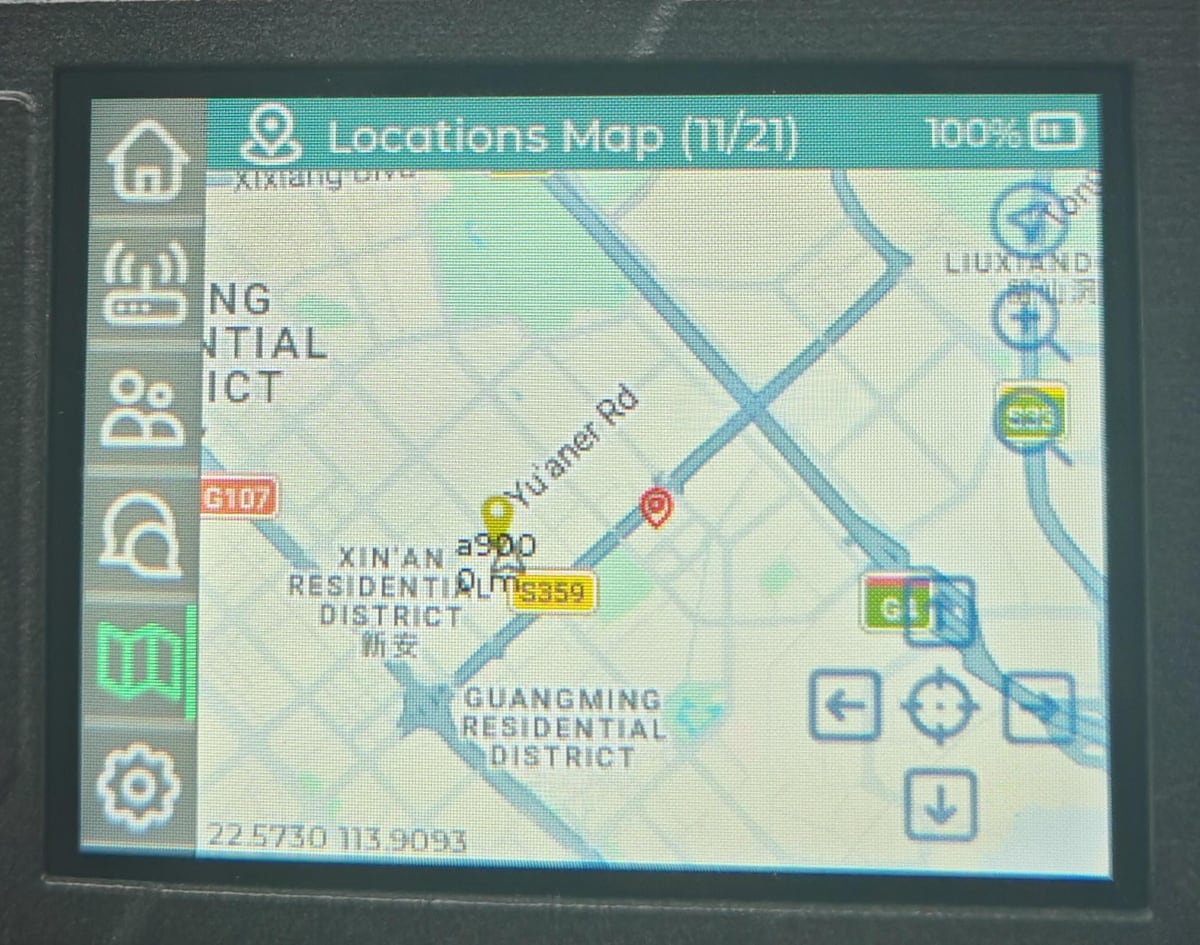 A Wio Tracker L2 Pro screen showing an offline street map with node positions and zoom and pan controls. Image: Seeed Studio.