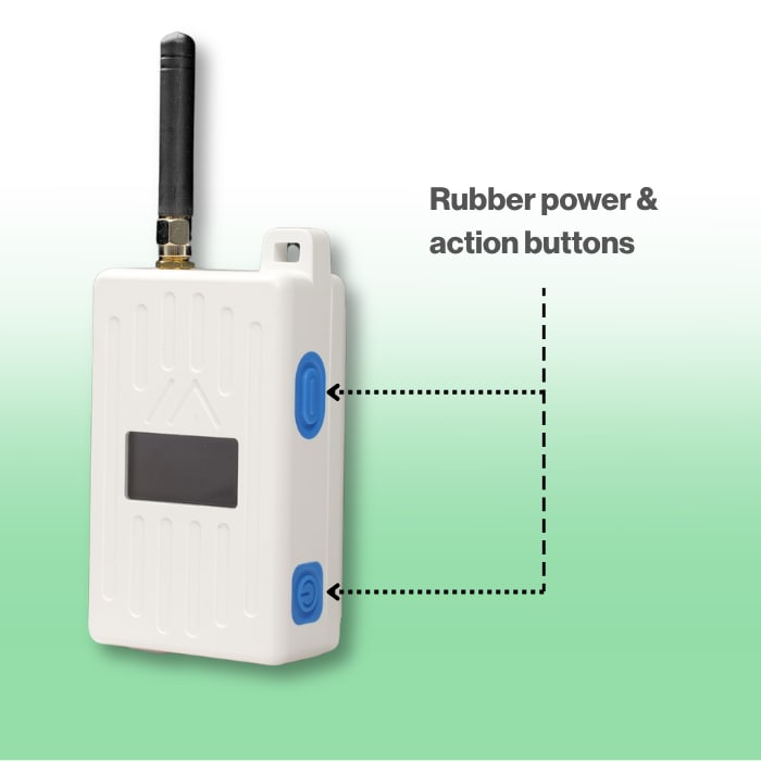 WisMesh Pocket V3 in Bone White with two blue rubber buttons on the side, labeled rubber power and action buttons. Image: Rokland.