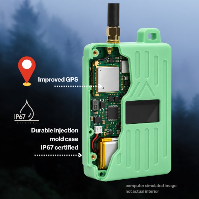 Computer-rendered cutaway of the WisMesh Pocket V3 showing the circuit board, battery and display inside the case, labeled improved GPS, IP67, and durable injection mold case. Rokland notes it is a simulated image, not the actual interior.